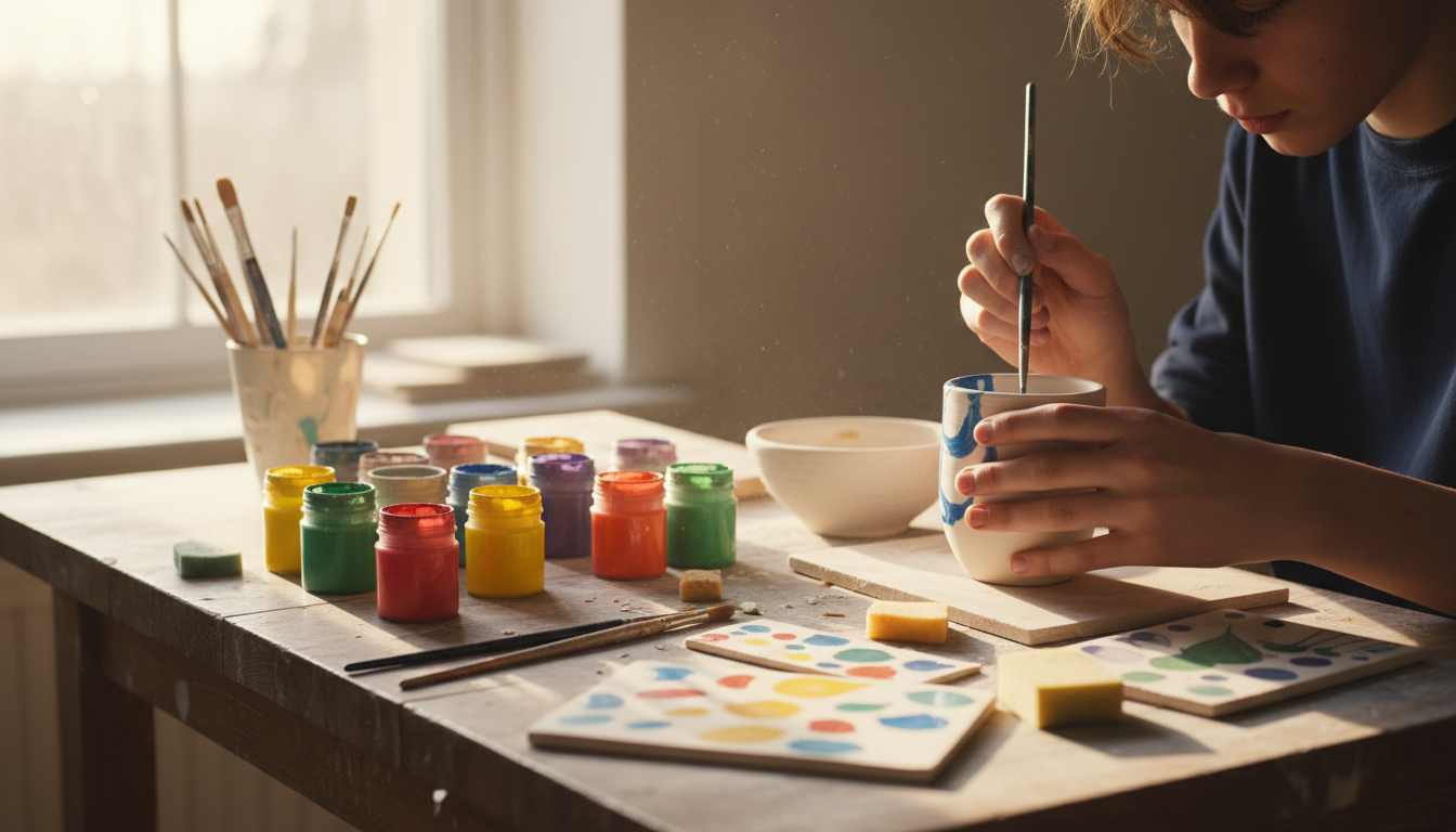 Mains peignant un mug personnalisé en atelier créatif