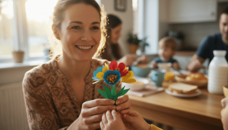 Mère souriante recevant un bouquet de fleurs en papier