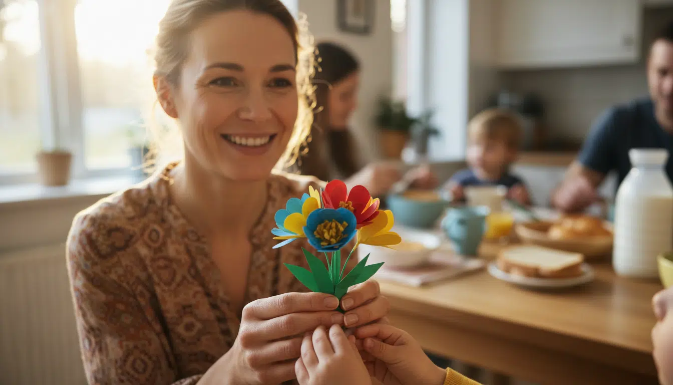 Mère souriante recevant un bouquet de fleurs en papier