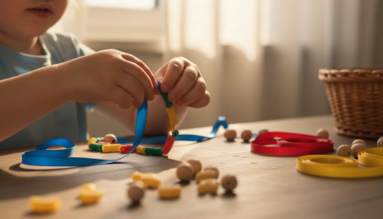Mains d'enfant fabriquant un collier de pâtes artisanal
