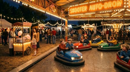 Fête foraine française des années 70 avec auto-tamponneuses et néons