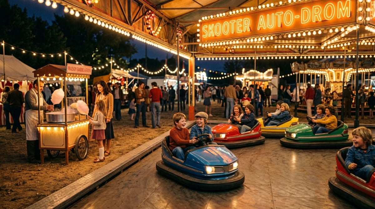 Fête foraine française des années 70 avec auto-tamponneuses et néons