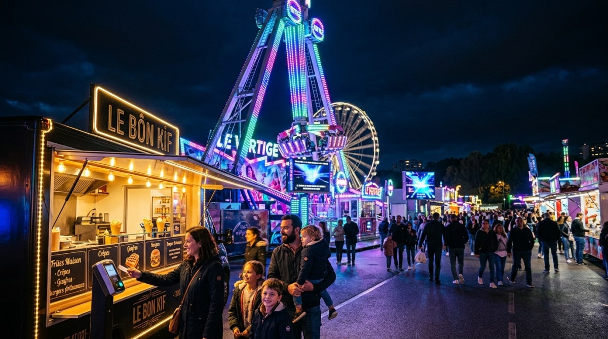 Fête foraine moderne en France avec manège géant illuminé
