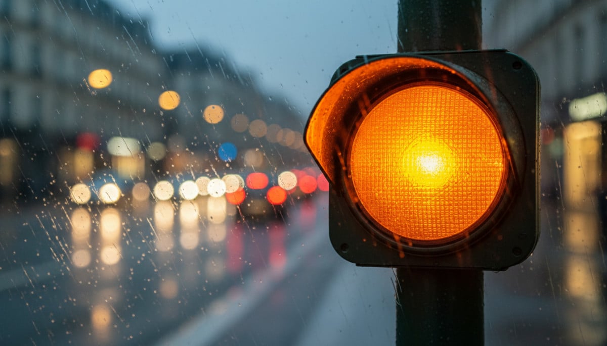 Feu orange français brillant sous la pluie la nuit