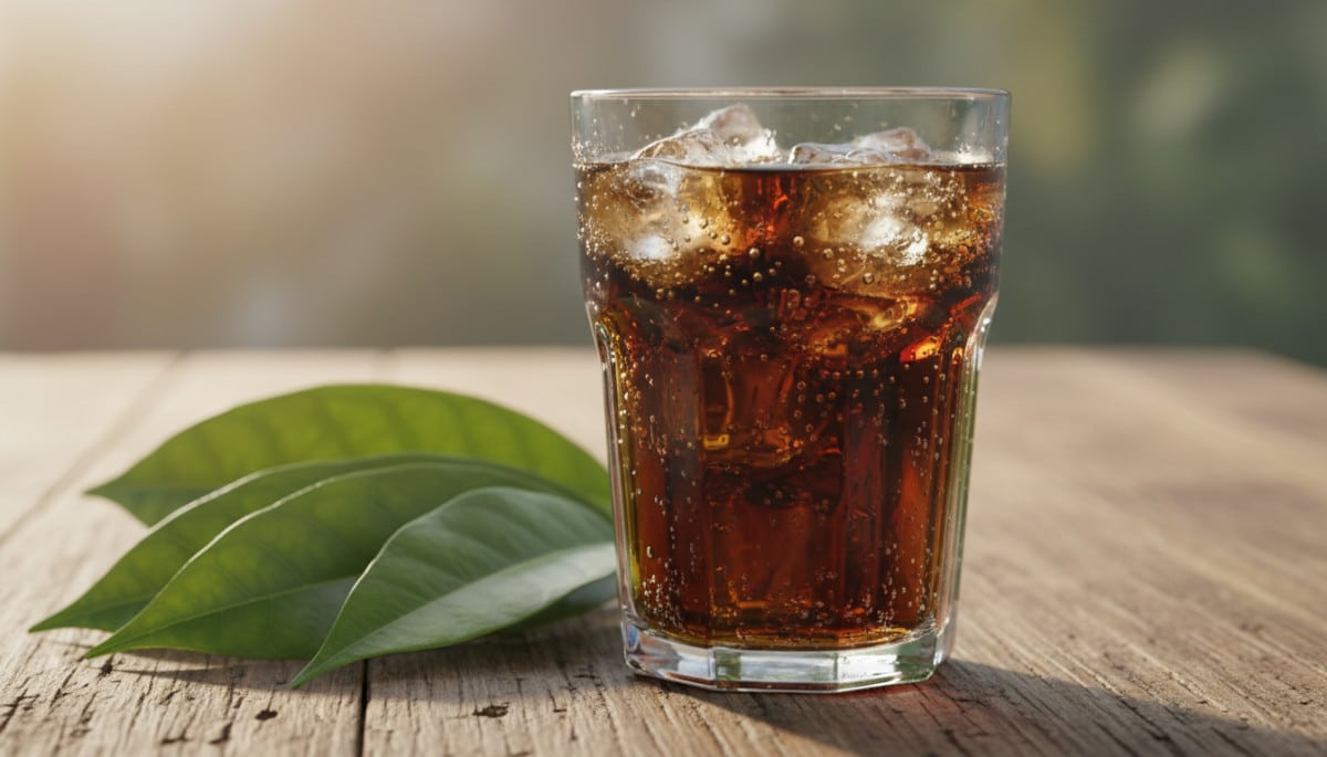 Feuilles de coca et verre de cola avec glaçons