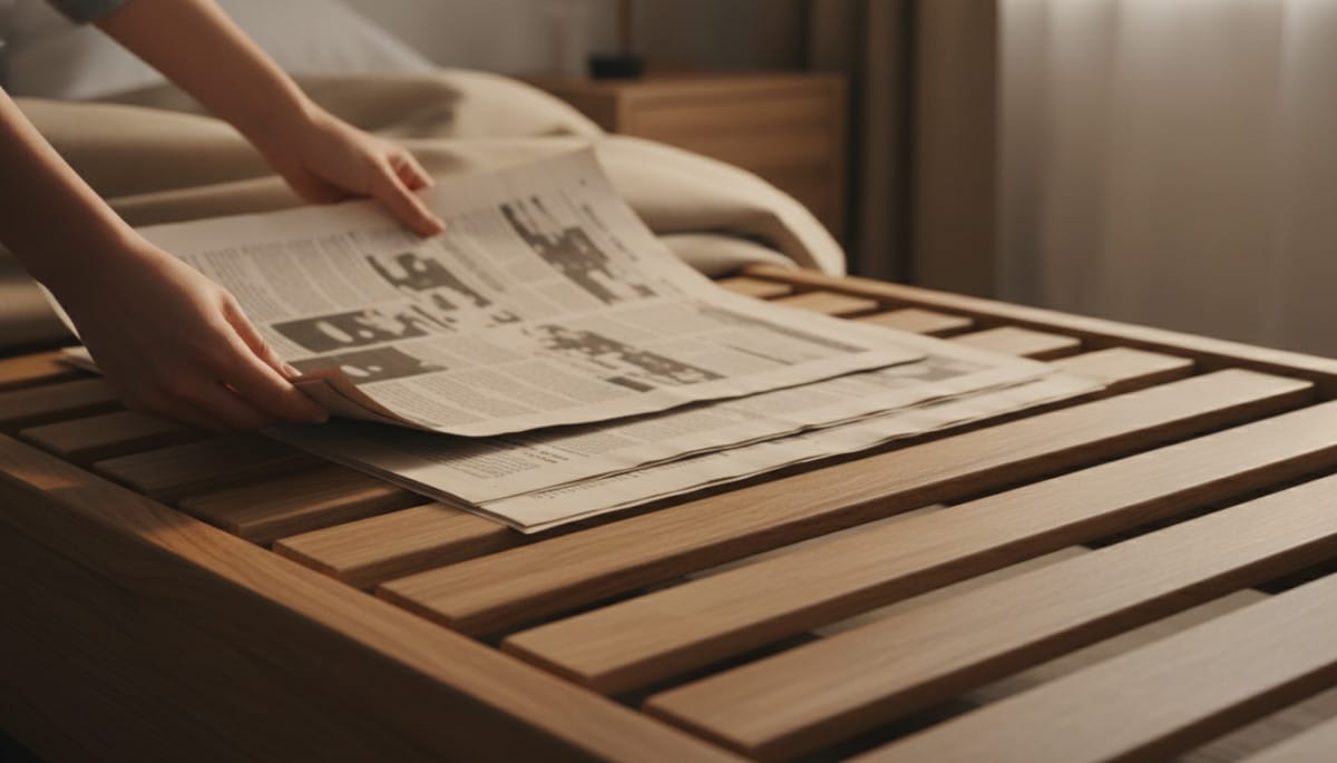 Feuilles de journal posées sur un sommier en lattes