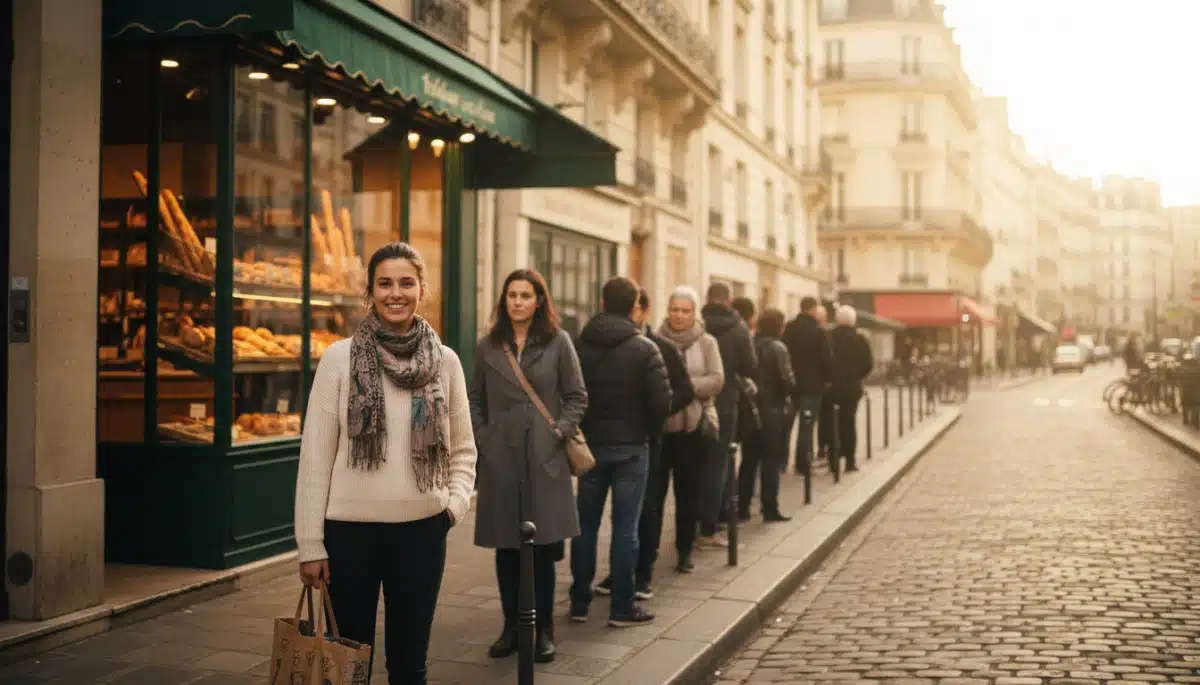 File d'attente devant une boulangerie parisienne le matin