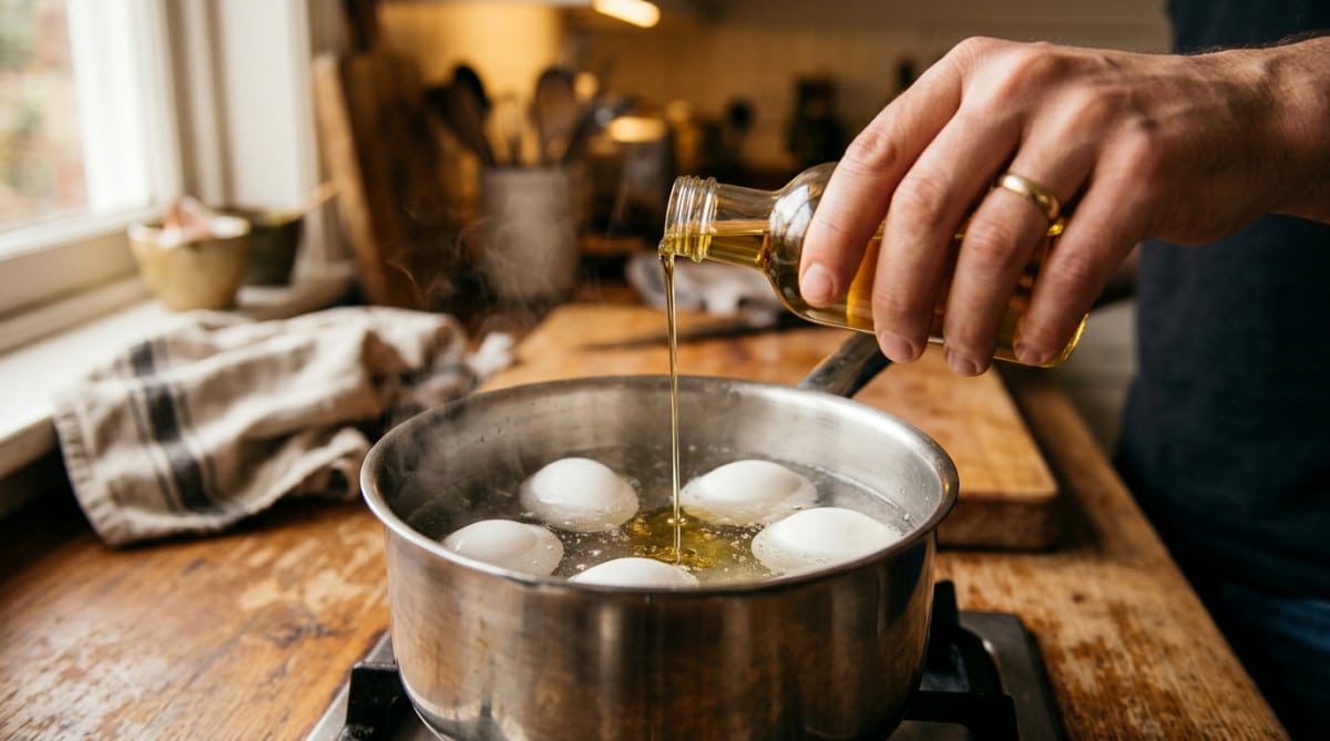 Filet d'huile versé dans une casserole d'œufs