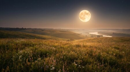 Pleine lune brillante au-dessus d'un paysage estival fleuri