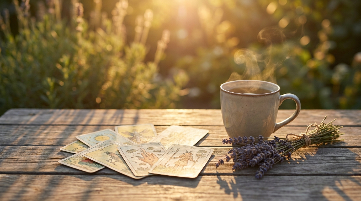 Cartes de tarot posées sur une table en bois avec tisane