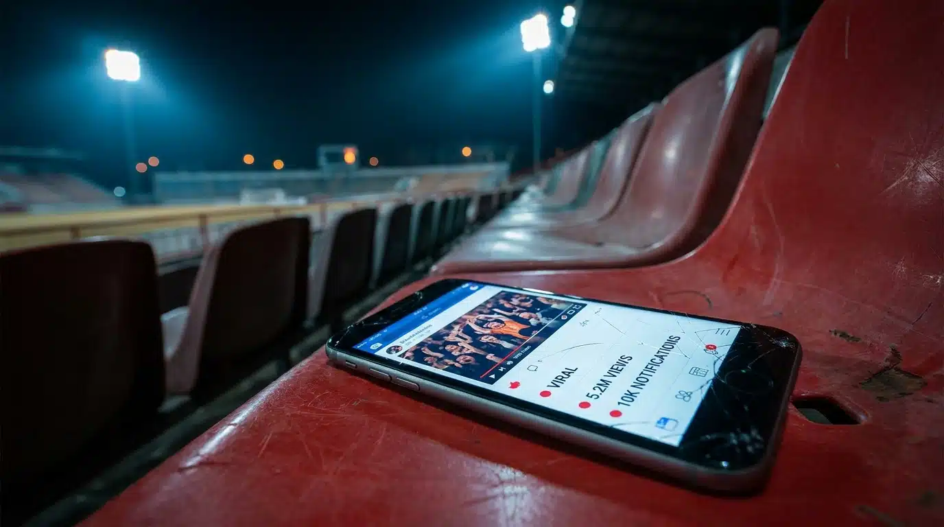 Smartphone posé sur un siège de stade affichant un flux de réseaux sociaux avec une vidéo virale