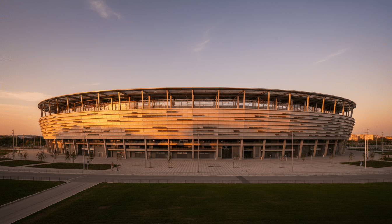 La Puskas Arena de Budapest baignée de lumière dorée en fin d'après-midi