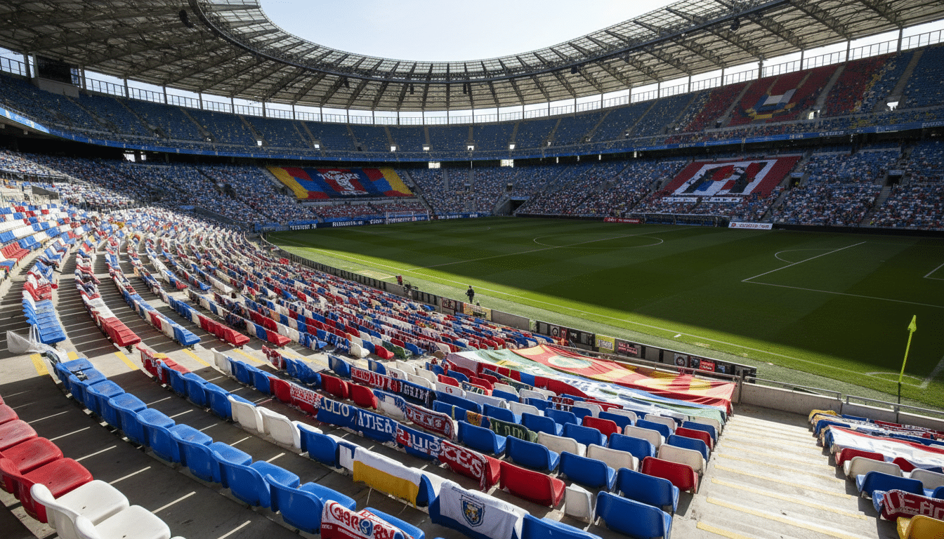 Tribunes d'un stade de football en plein jour avec écharpes colorées