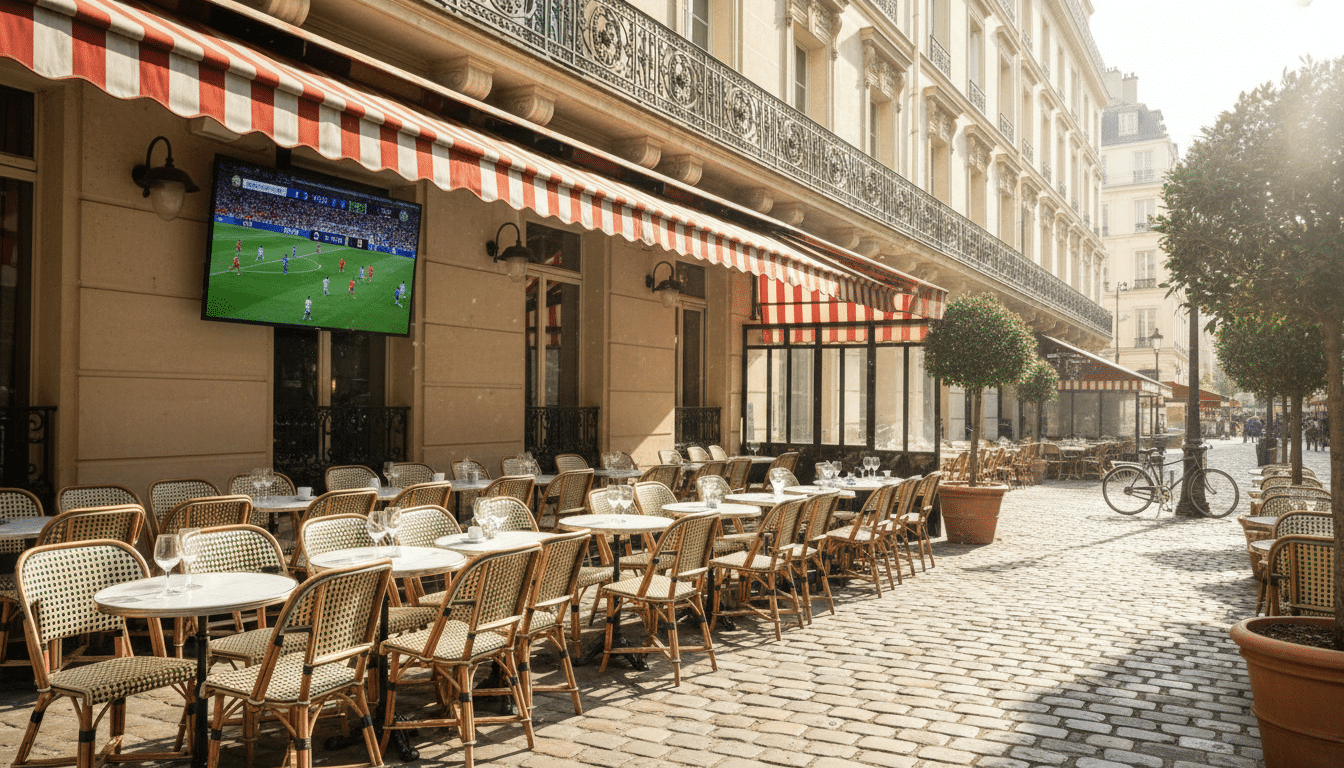 Terrasse parisienne avec écran diffusant un match de football en plein jour