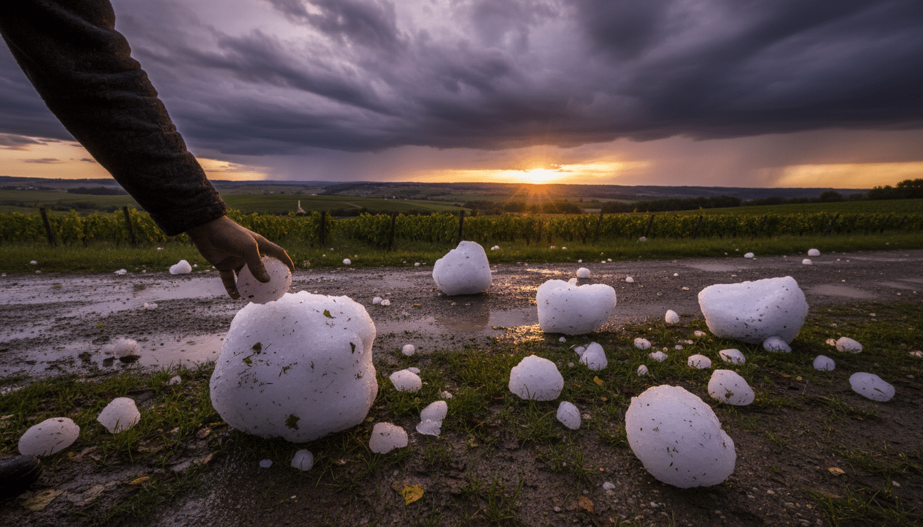 Grêlons au sol après un orage violent en Nouvelle-Aquitaine