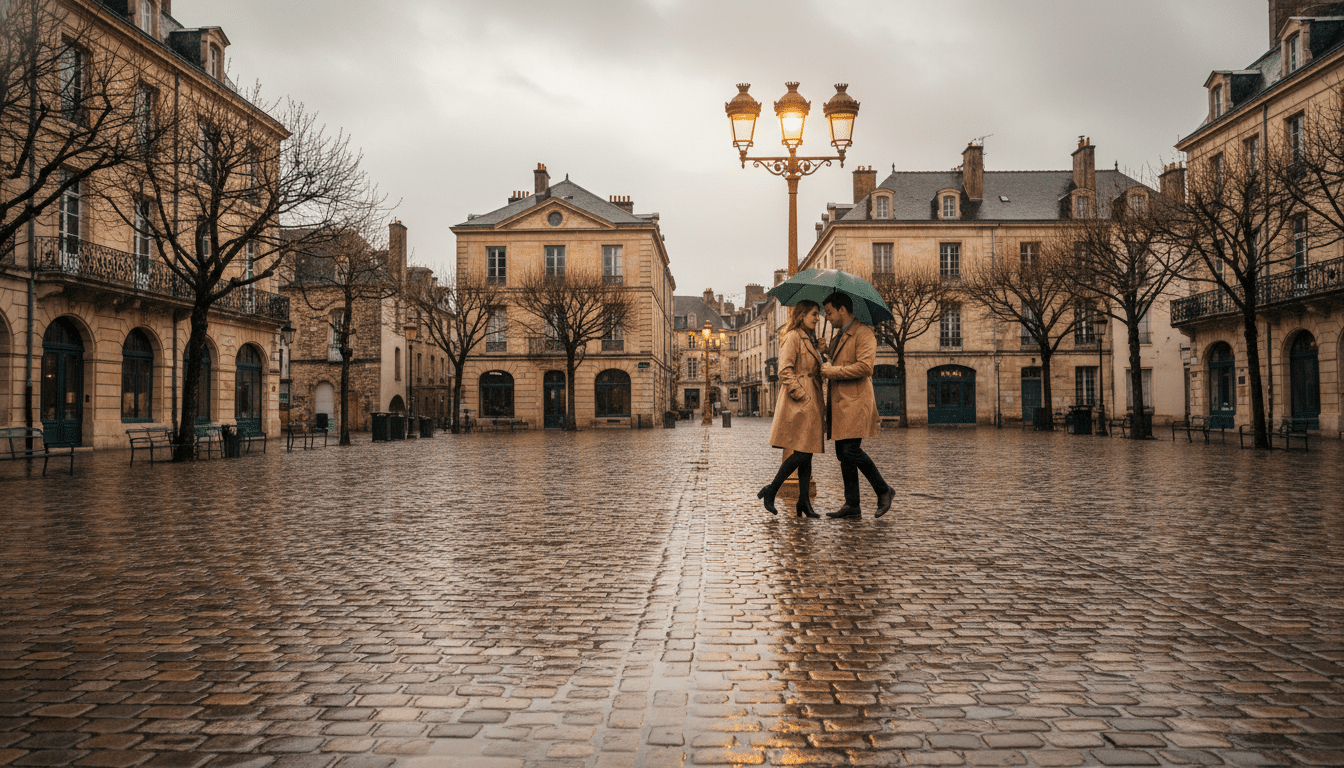 Couple sous la pluie un dimanche pluvieux en France
