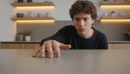 Main glissant sur un plan de travail de cuisine lisse sans plaque visible