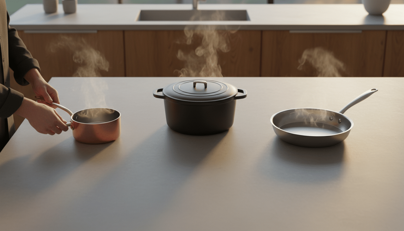 Plusieurs casseroles posées librement sur un plan de cuisson invisible sans repères
