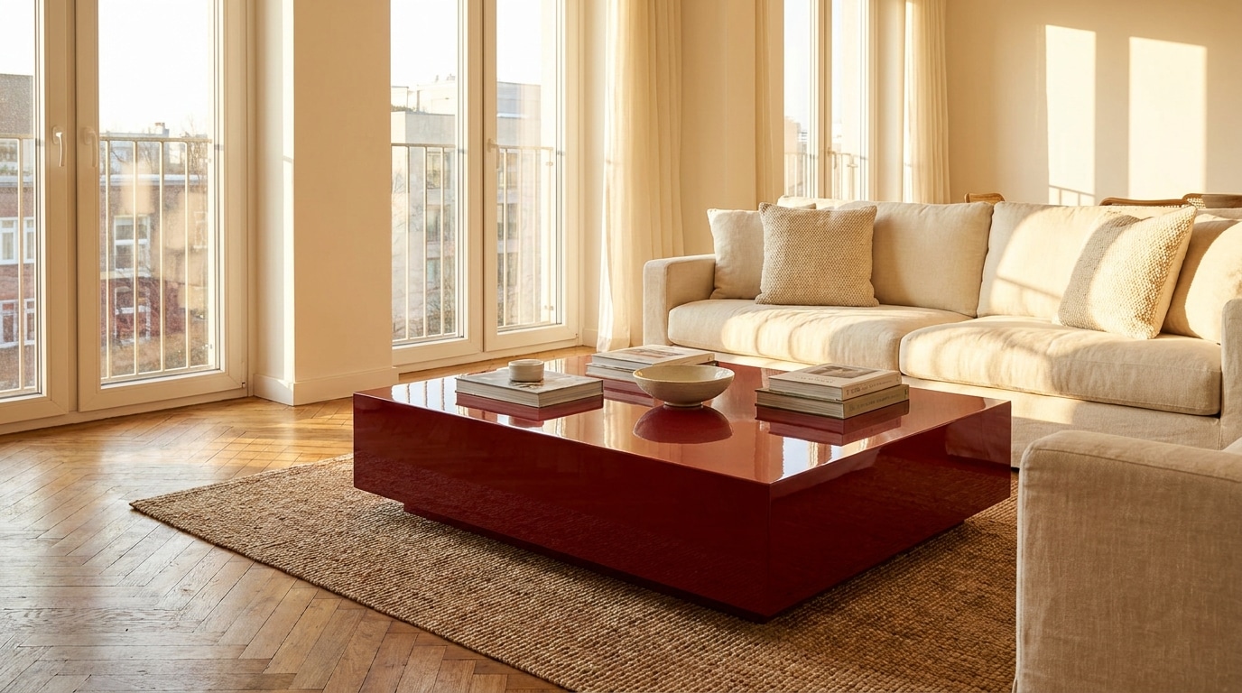 Table basse laquée rouge dans un salon lumineux