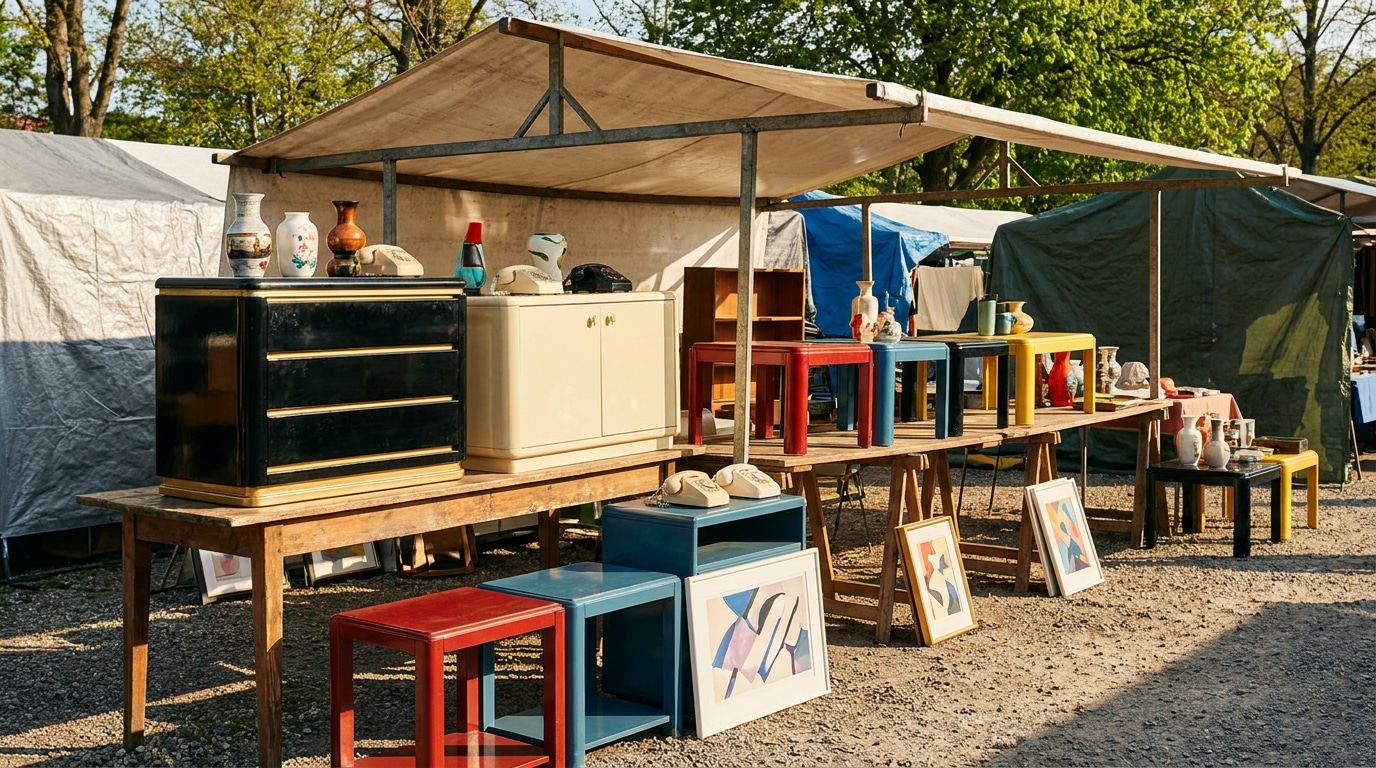 Stand de brocante avec meubles laqués vintage années 80