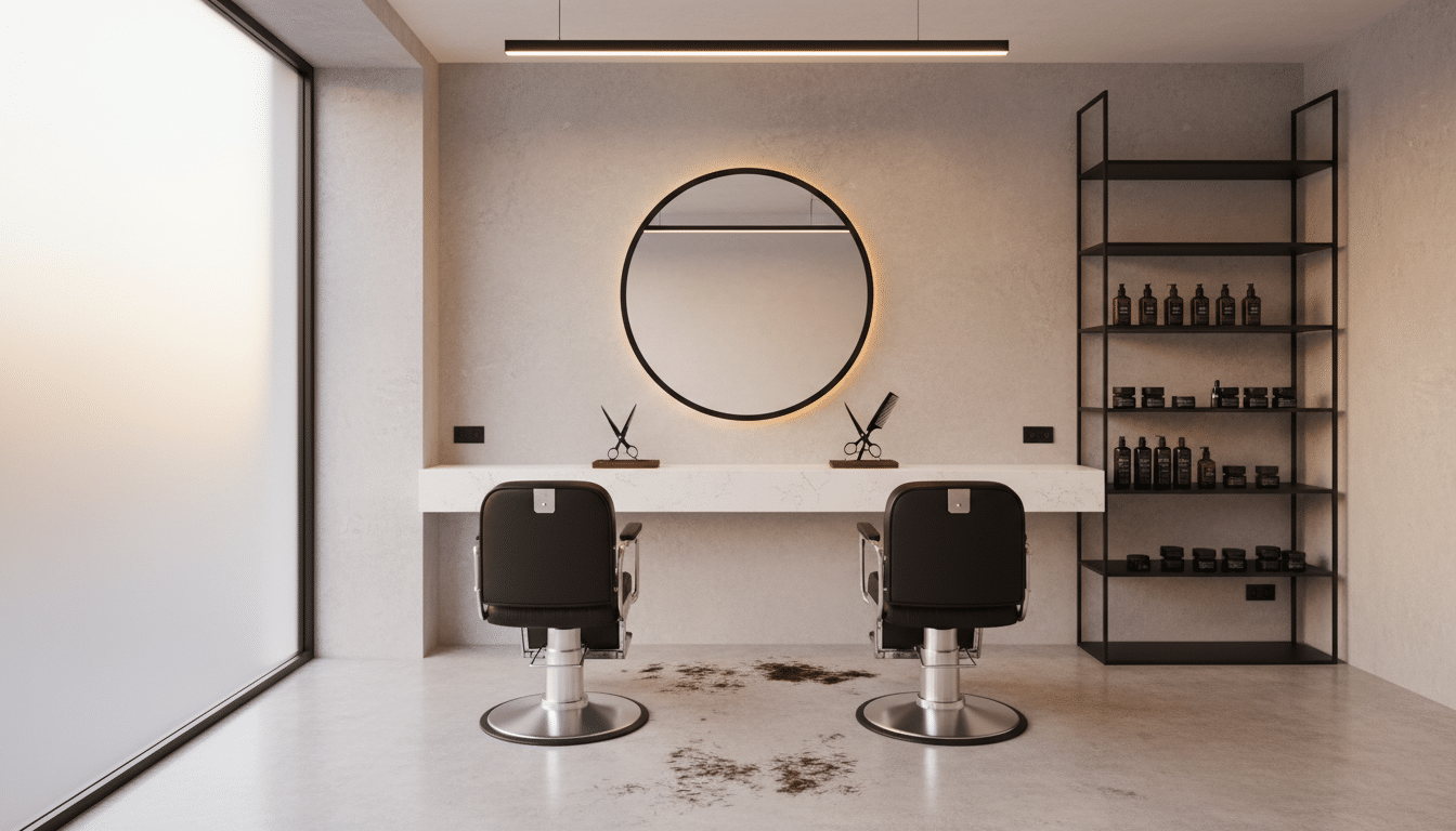 Un salon de coiffure moderne avec miroir et outils de coiffeur évoquant une coupe de cheveux fraîche