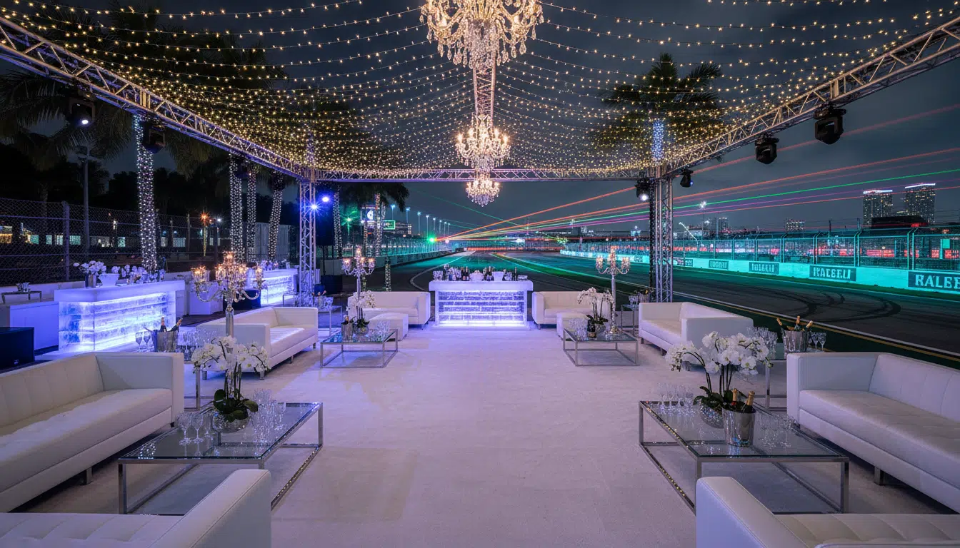 Soirée glamour en marge du Grand Prix de Formule 1 de Miami, décor lumineux et festif