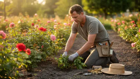 Jardinier désherbe à genoux au pied de rosiers