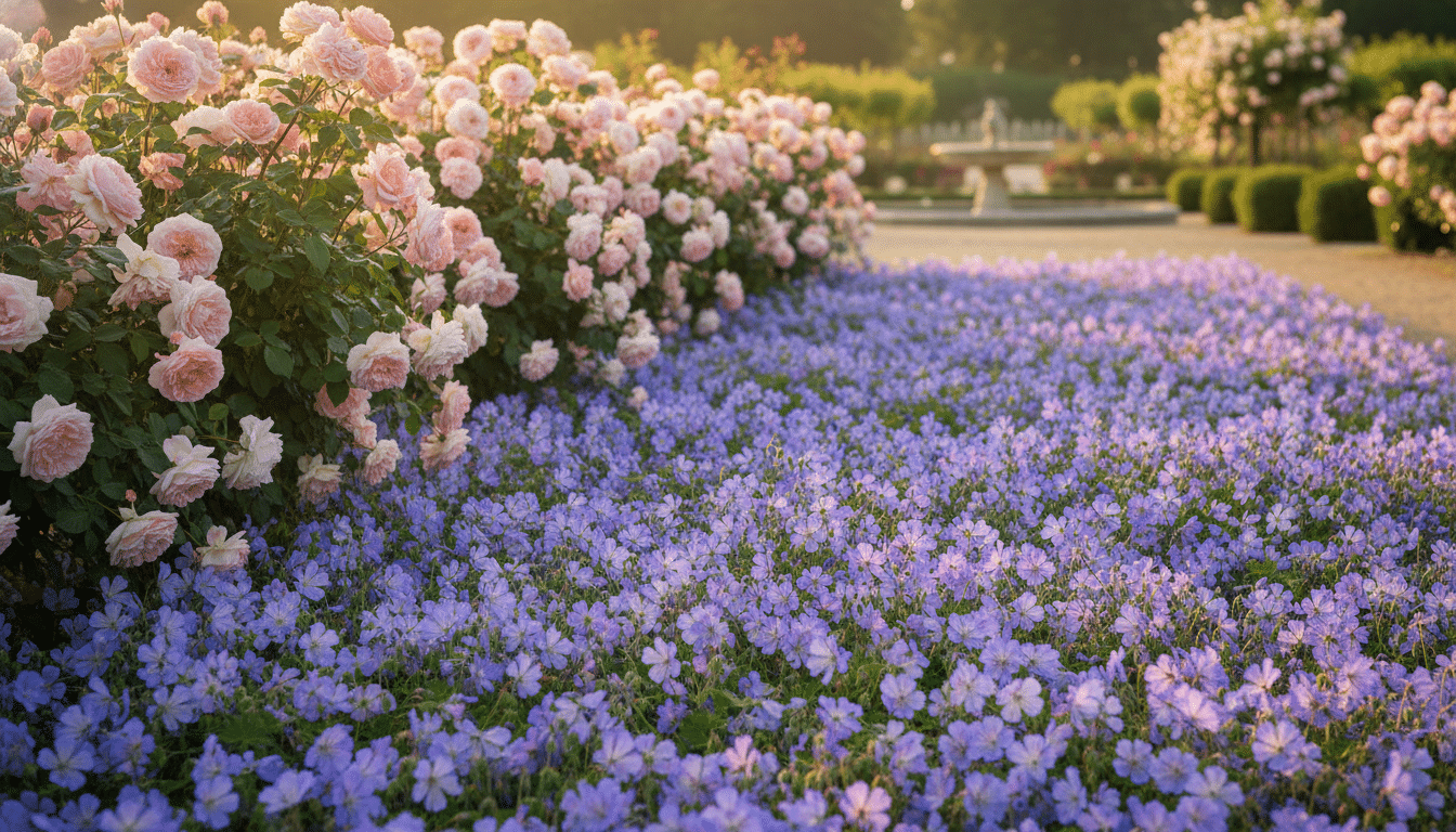 Tapis de géraniums vivaces bleus sous des rosiers