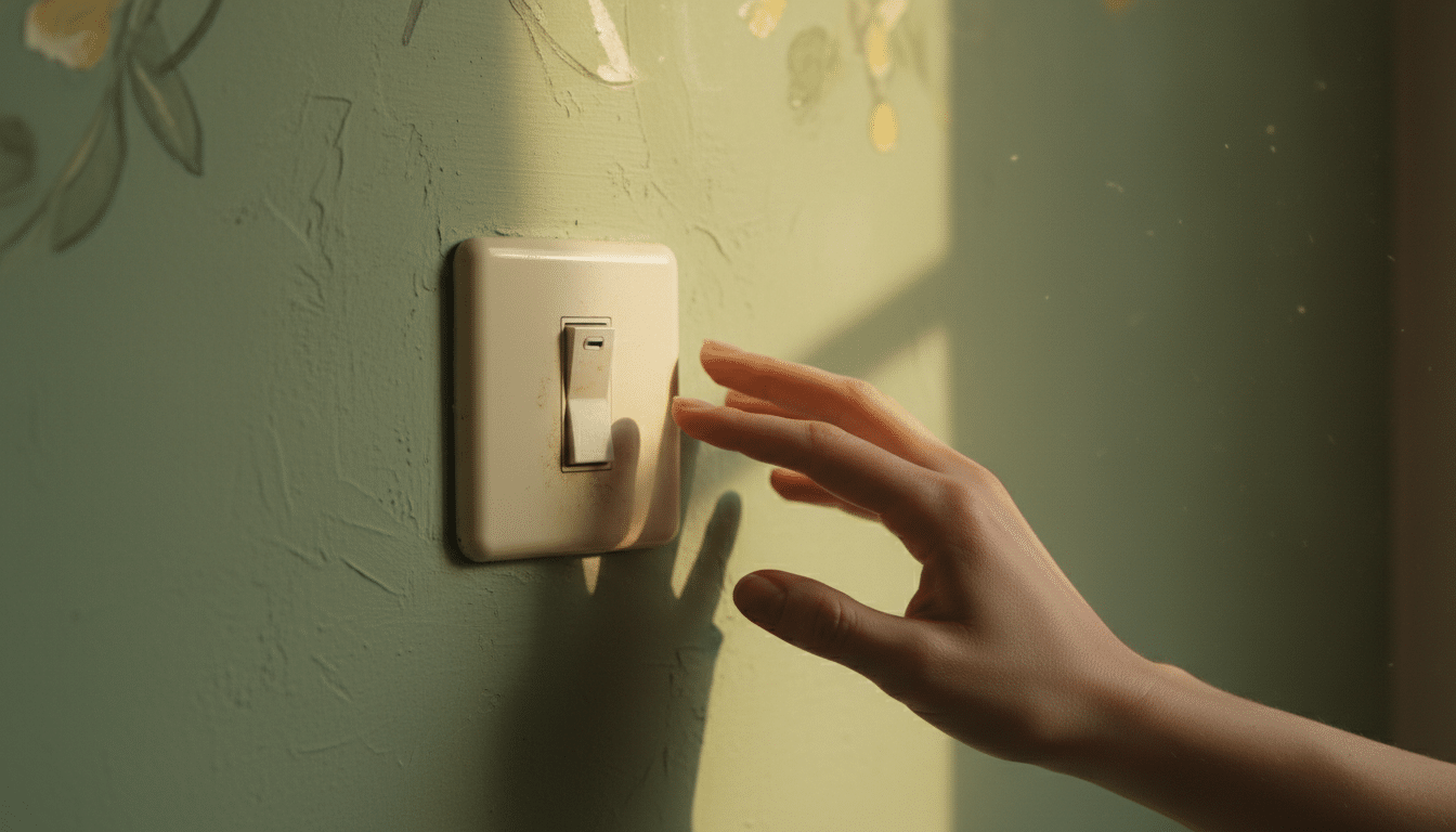 Interrupteur jauni sur un mur vert décoré