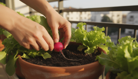 Radis rose cueilli à la main sur un balcon
