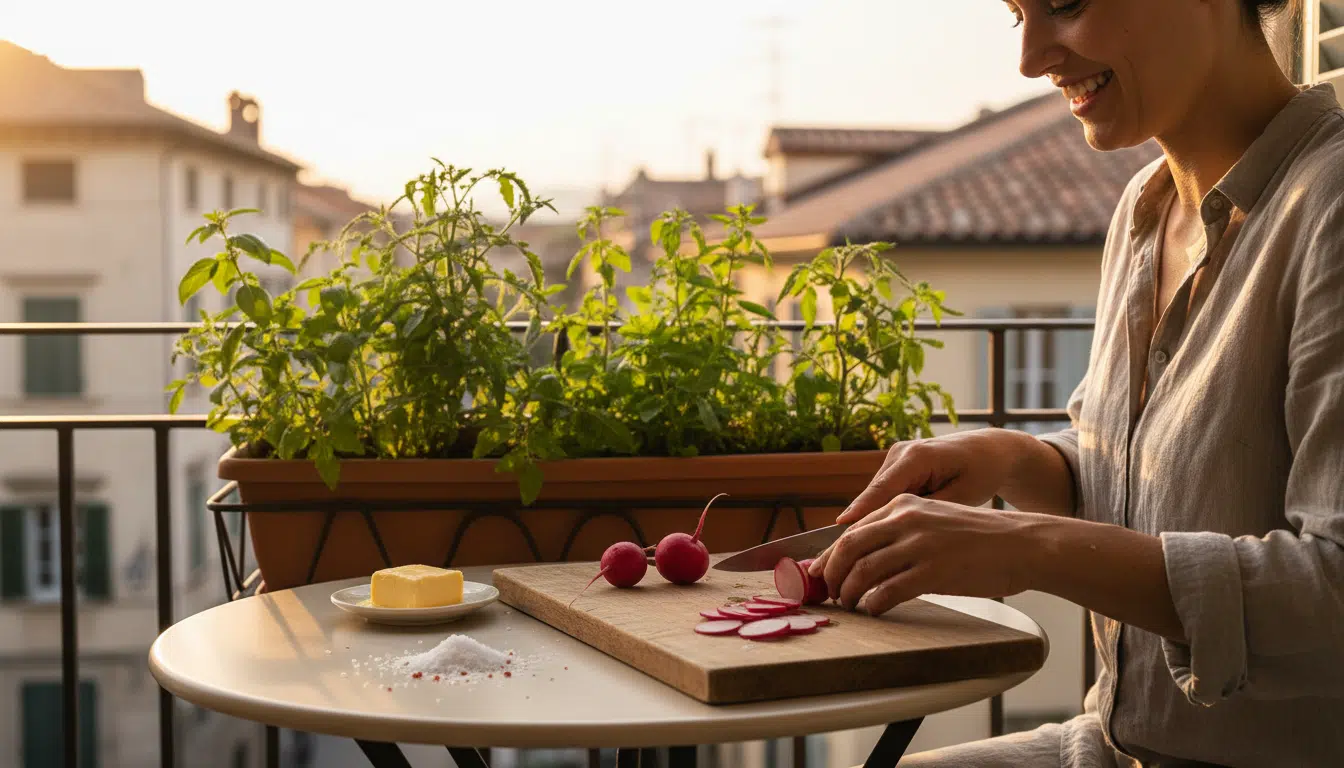 Dégustation de radis frais récoltés sur un balcon