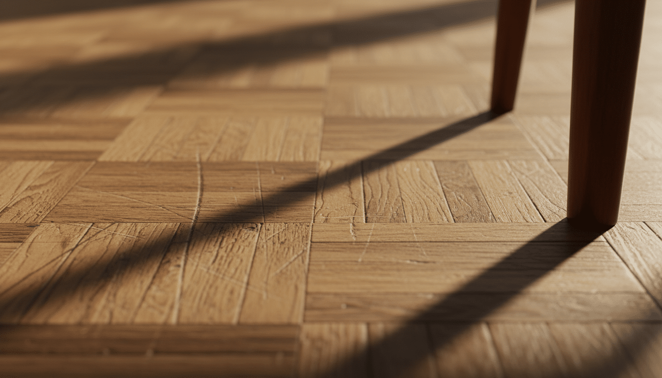Rayures visibles sur un parquet en bois clair