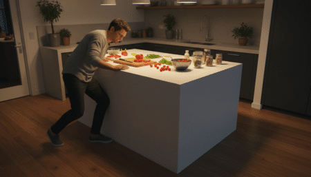 Personne coincée dans une cuisine avec un îlot central encombrant