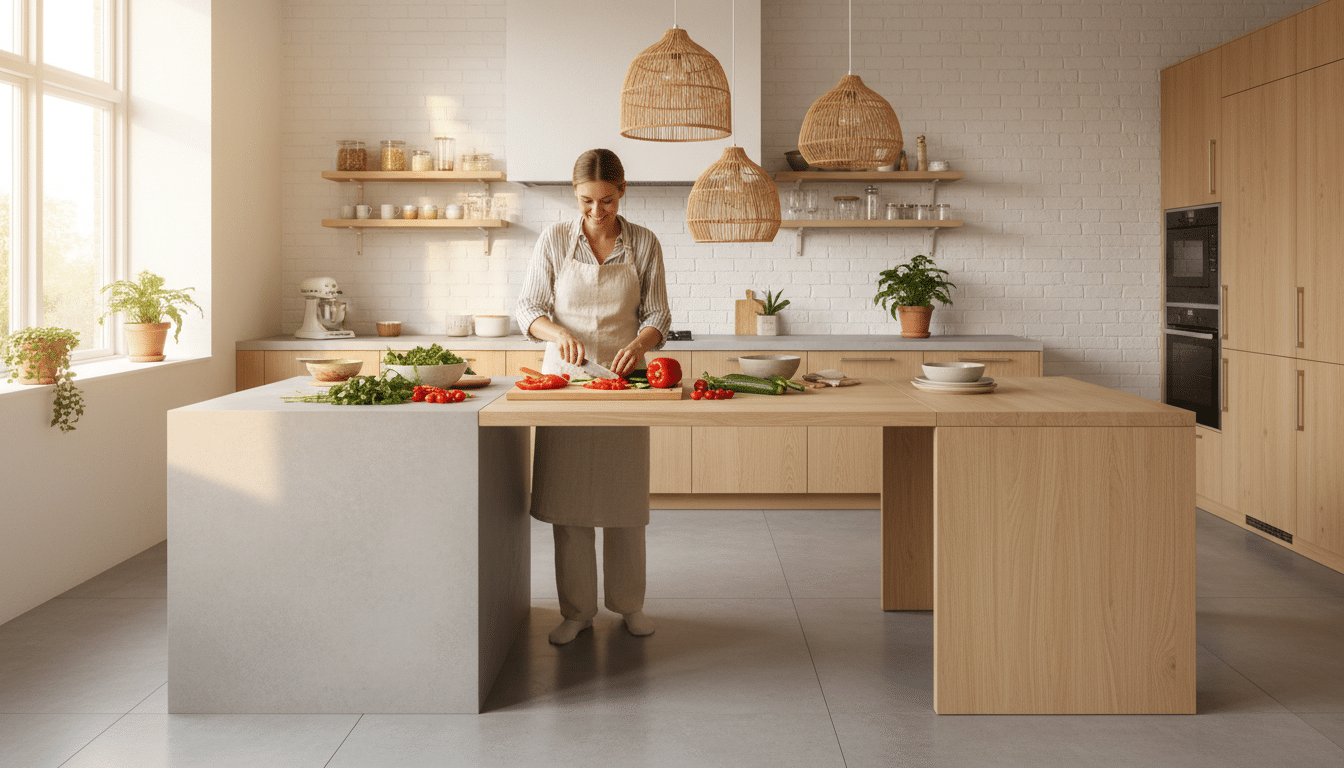 Femme cuisinant sur une table prolongée hybride en chêne