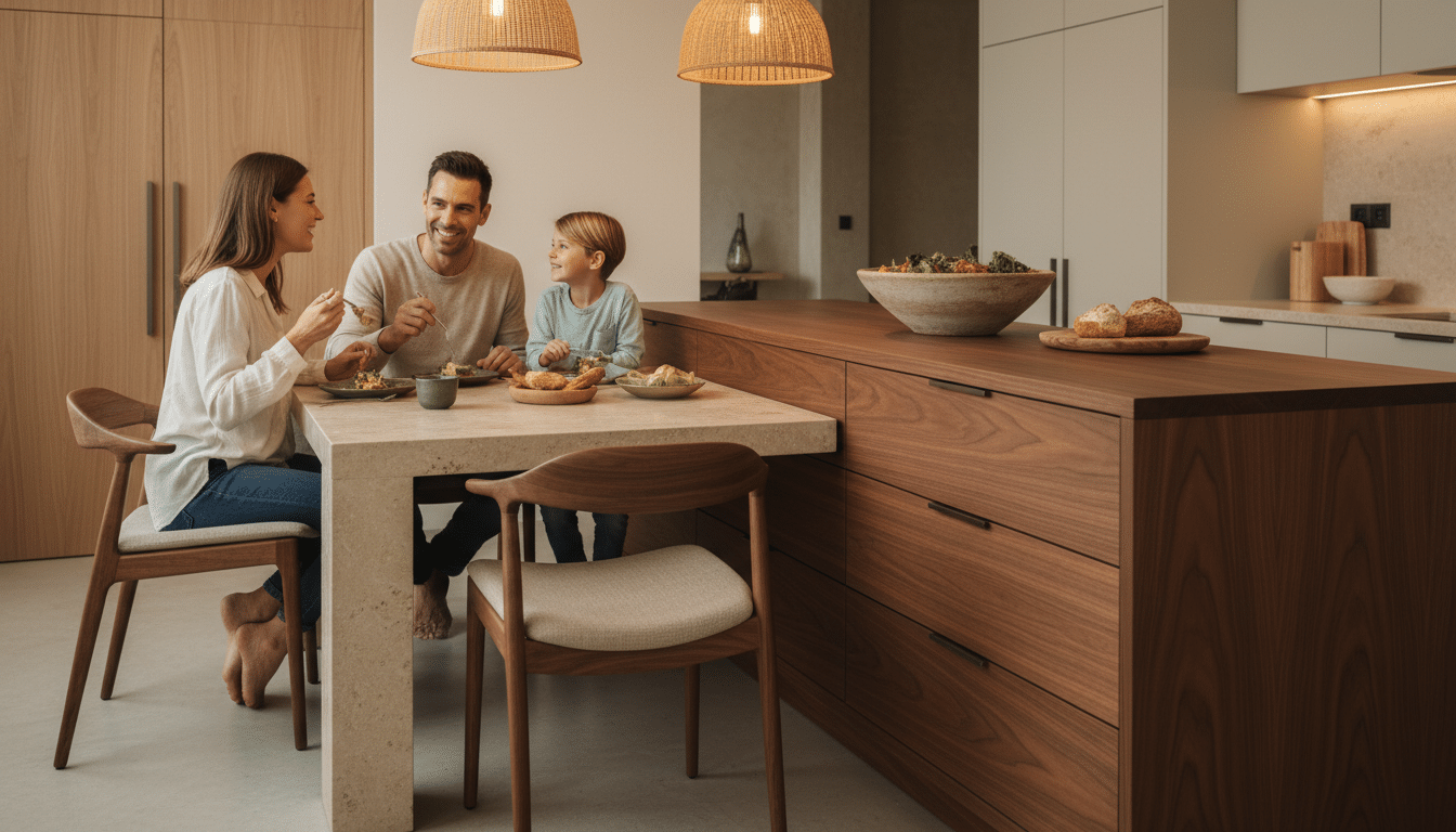 Famille dînant à la partie table du meuble hybride de cuisine