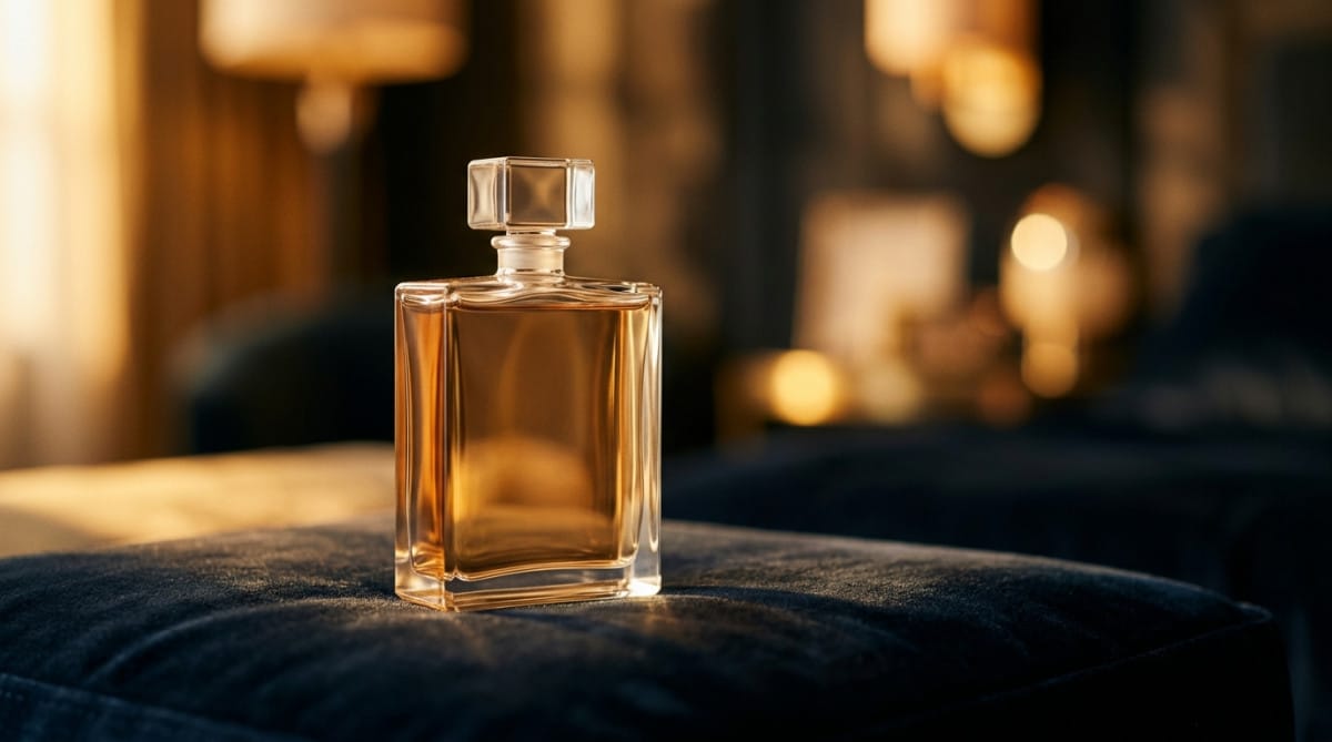 Flacon iconique du parfum Chanel N°5 en lumière dorée