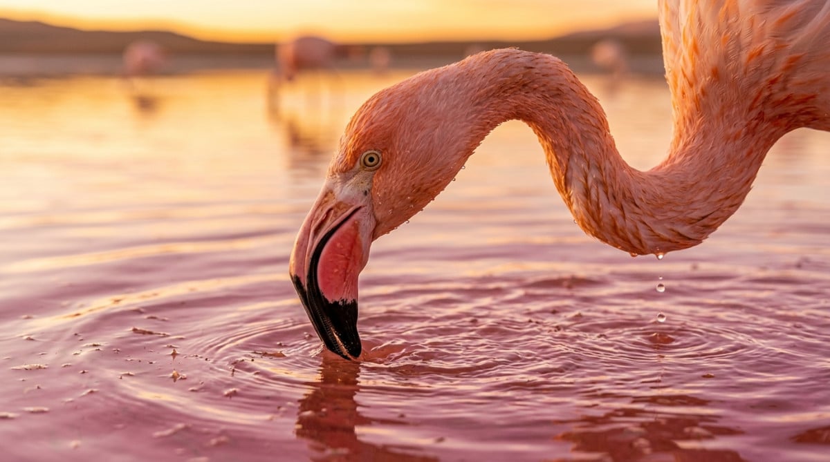 Flamant rose filtrant des artémias dans un lac salé