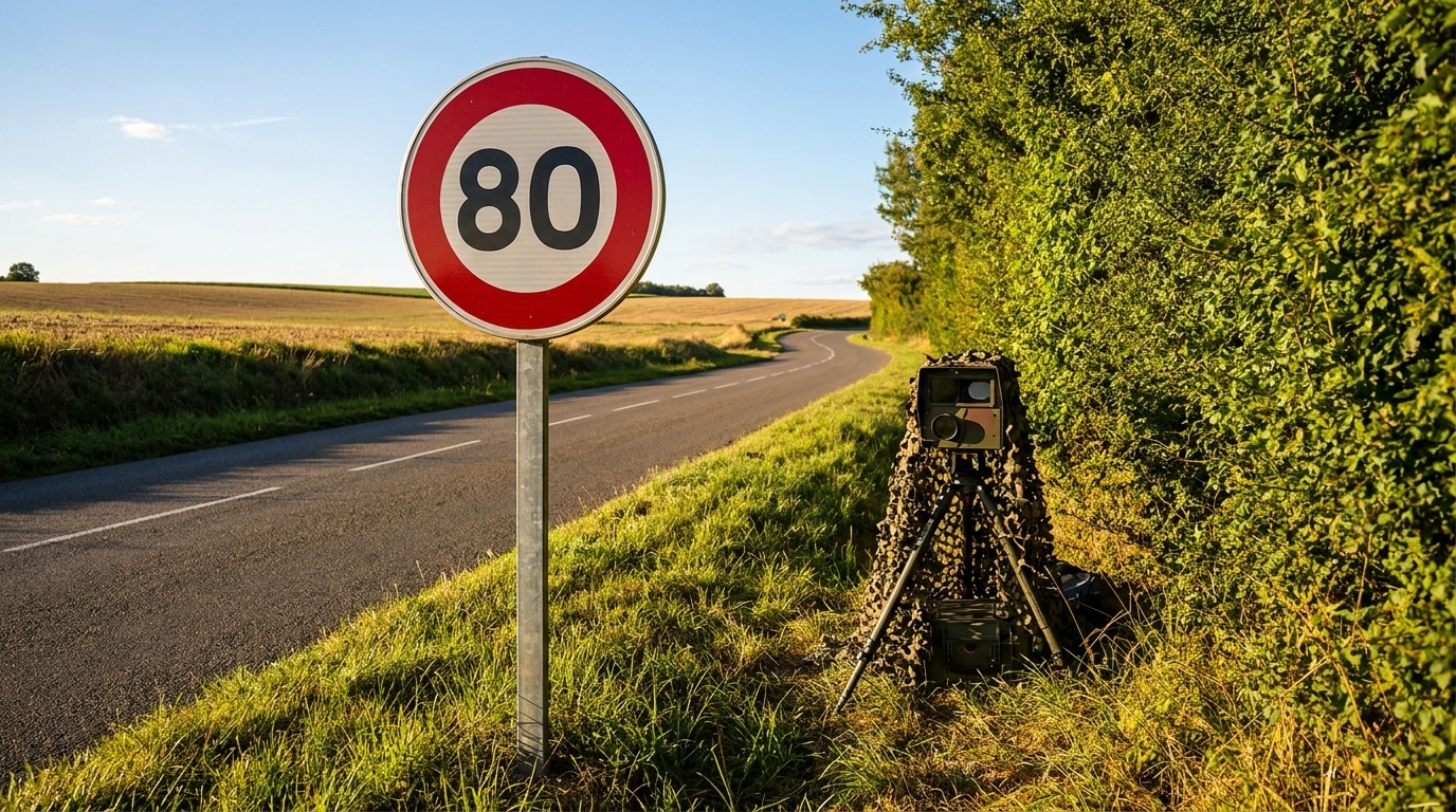 Route départementale française avec panneau de limitation à 80 km/h