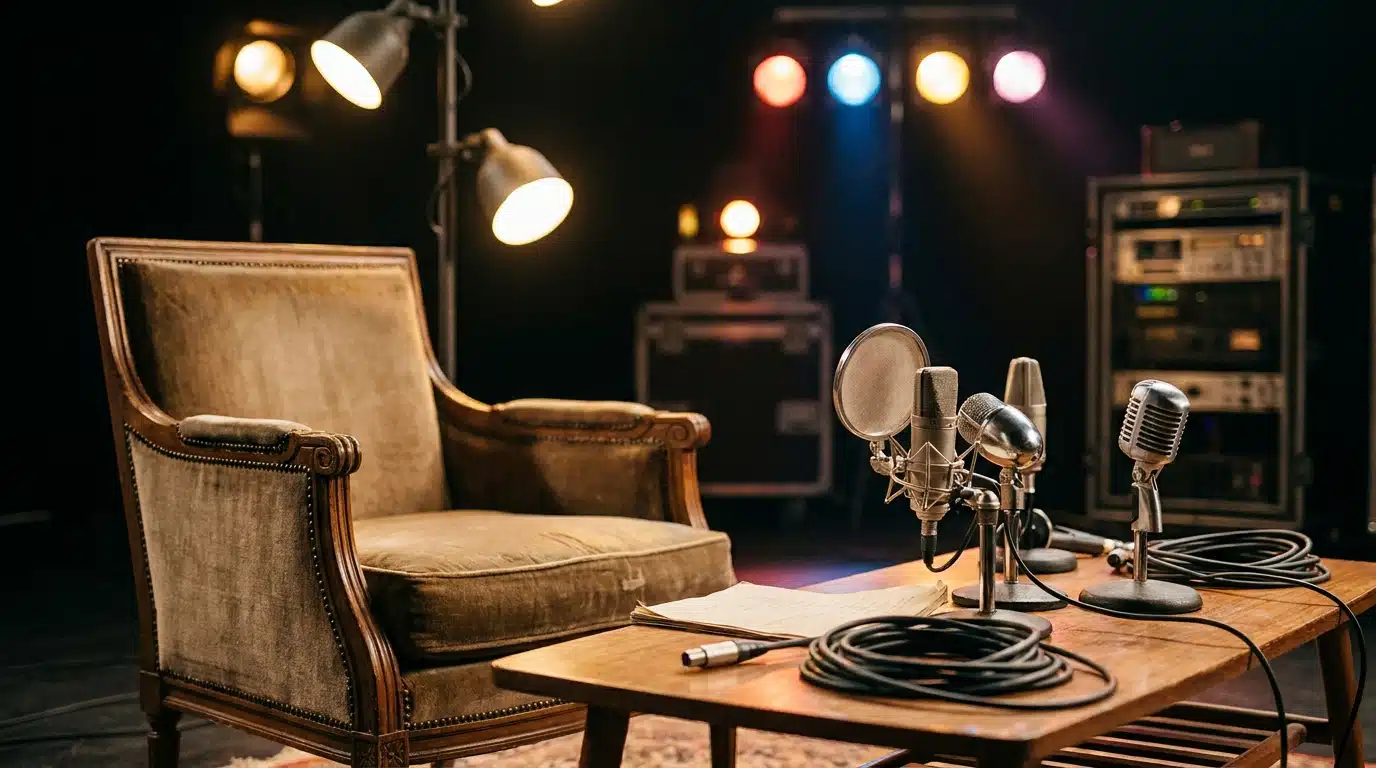 Plateau de télévision français vintage avec fauteuil vide sous les lumières du studio, ambiance années 2000