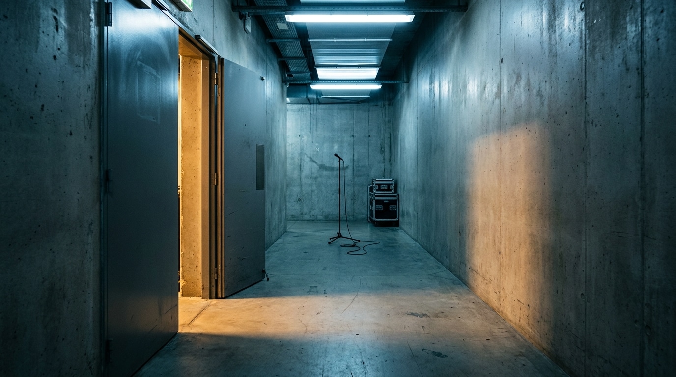 Couloir vide en coulisses d'une grande salle de concert