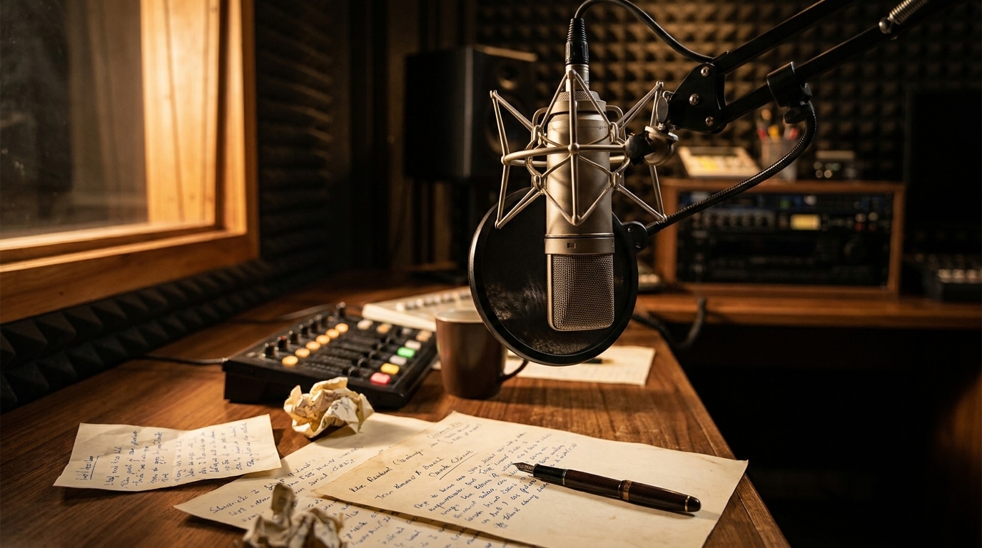 Microphone de studio radio avec notes manuscrites sur un bureau
