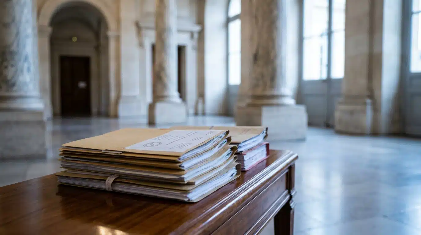 Dossiers juridiques empilés dans un couloir de tribunal français