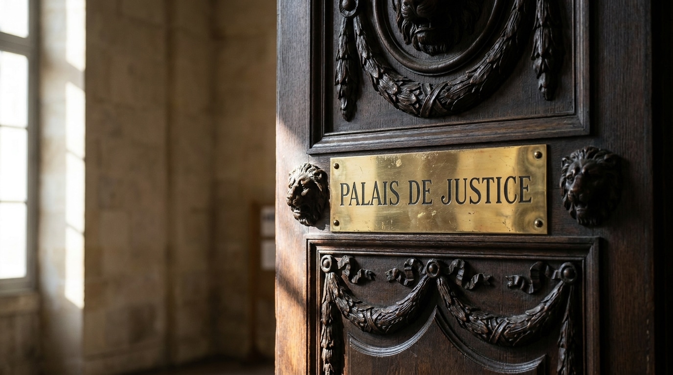 Porte en bois d'un tribunal français éclairée par la lumière naturelle