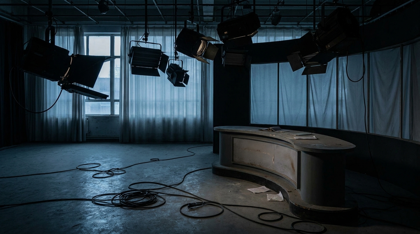 Plateau de télévision vide avec lumières éteintes et bureau de présentateur abandonné