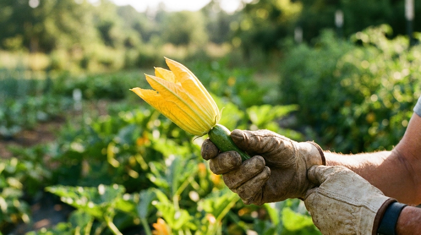 Fleur de courgette retournée révélant un petit ovaire vert