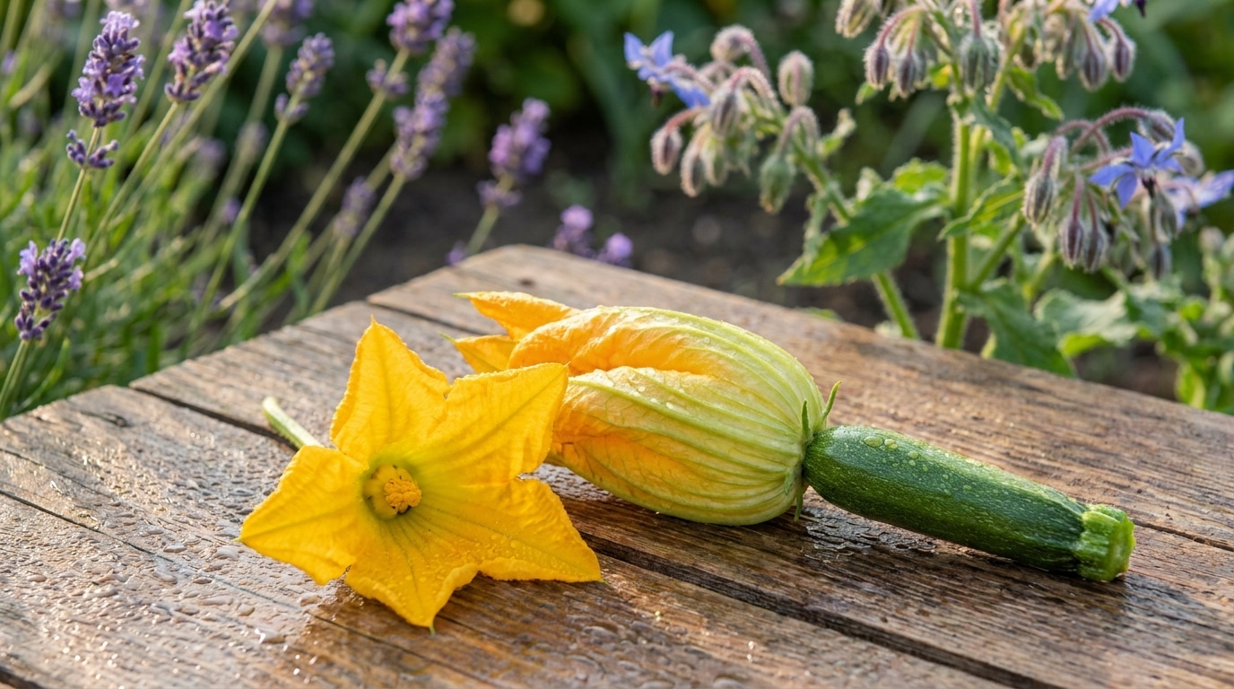 Fleur mâle et fleur femelle de courgette sur table de jardin