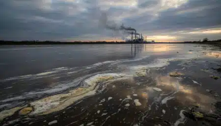 Fleuve pollué en France avec mousse et sédiments sombres