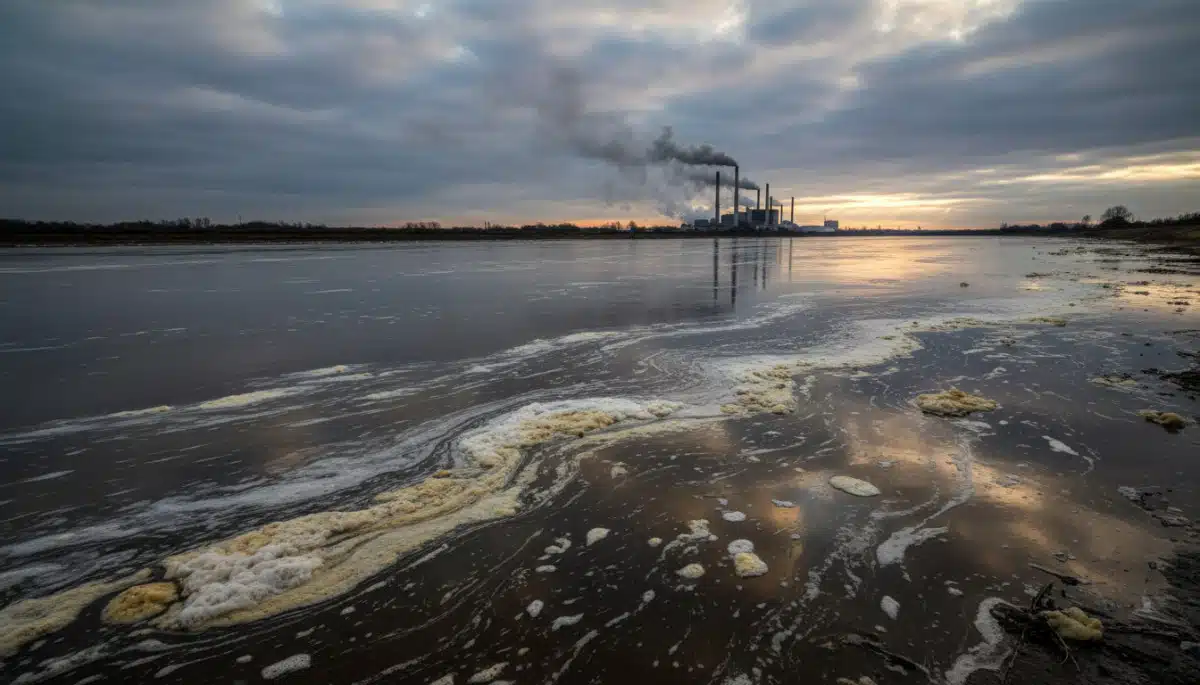 Fleuve pollué en France avec mousse et sédiments sombres