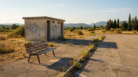 Aire d'autoroute déserte avec banc et sanitaires au soleil