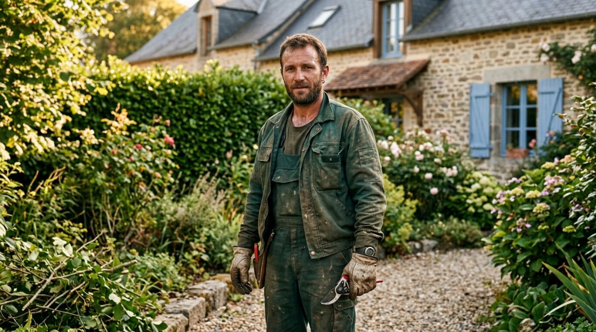 Florian paysagiste en tenue de travail dans un jardin